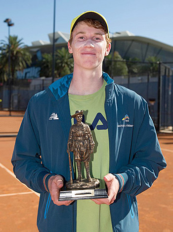 Jake Delaney holds the trophy after winning the final of the Gallipoli Youth Cup at Melbourne Park over Cormac Clissold; (Photo credit: Elizabeth Xue-Bai)